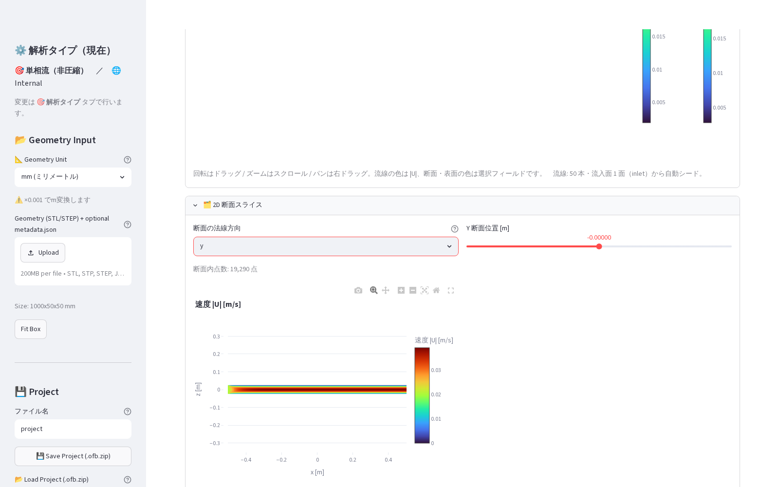 2D 断面スライス: 速度・圧力コンター